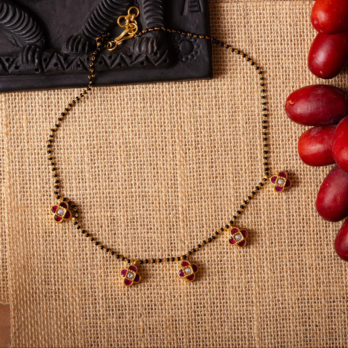 Floral Kundan Black Beads Chain
