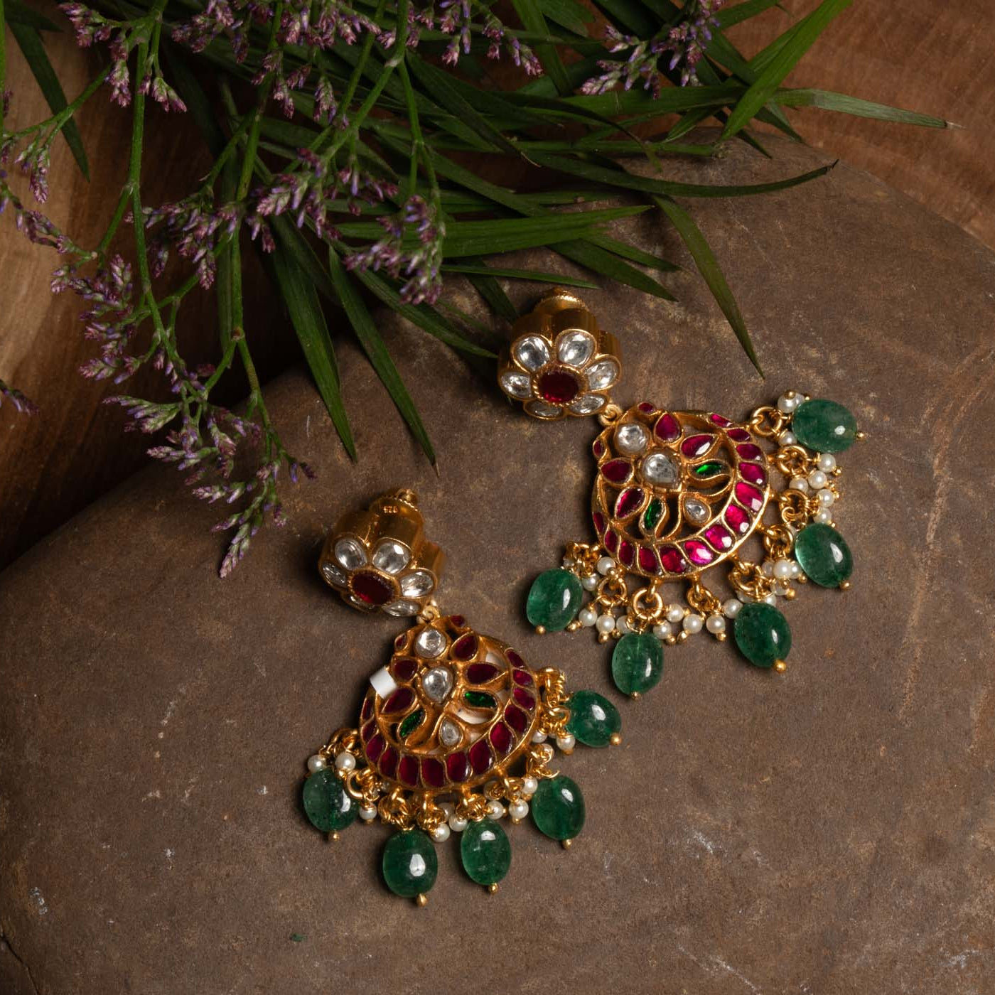 Floral Kundan Chandbalis