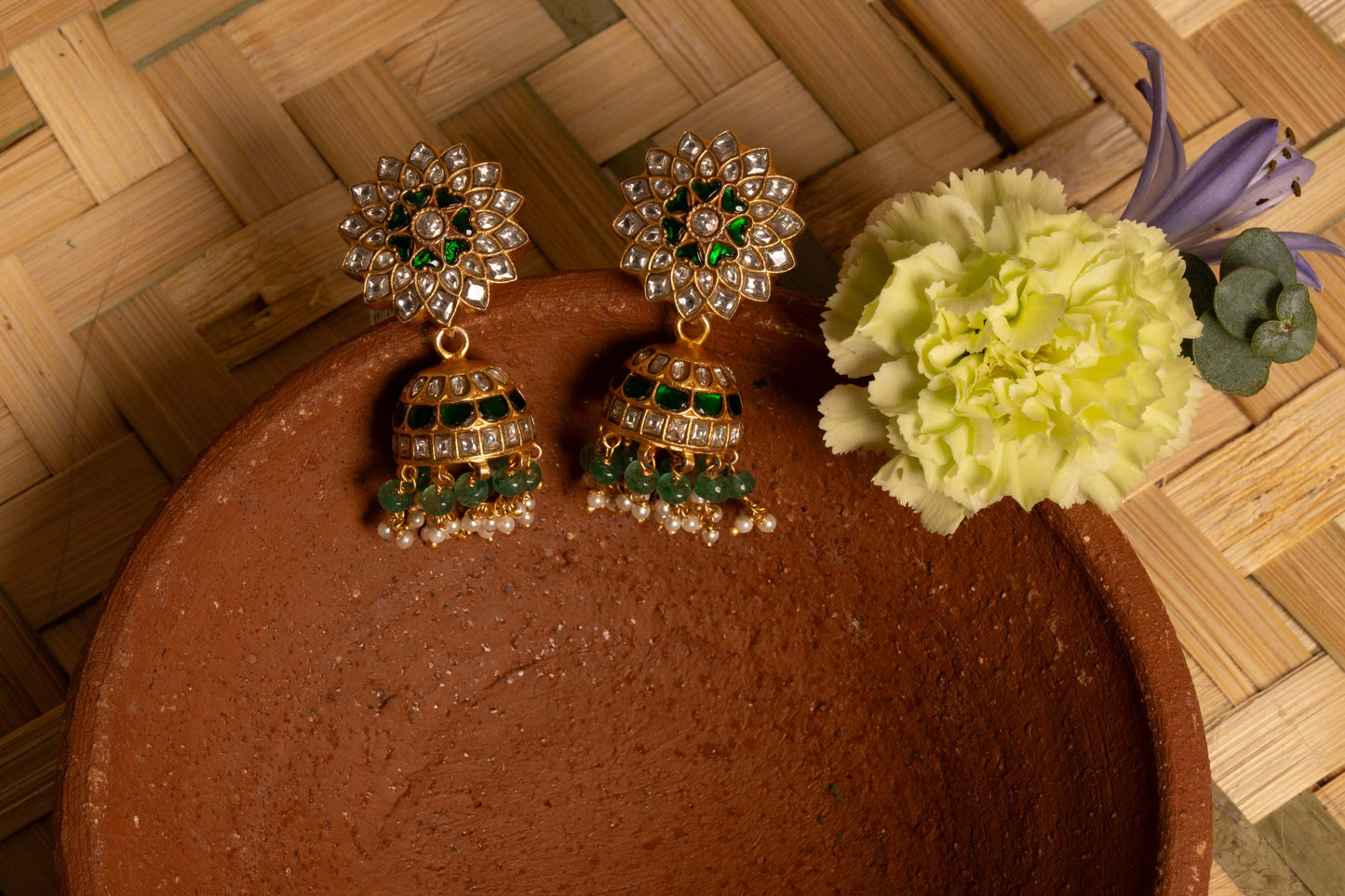 Green Kundan Round Jhumkas