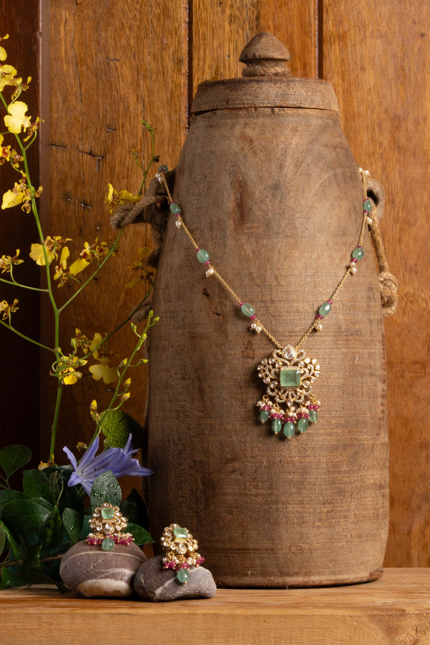 Polki Studs with green Drops