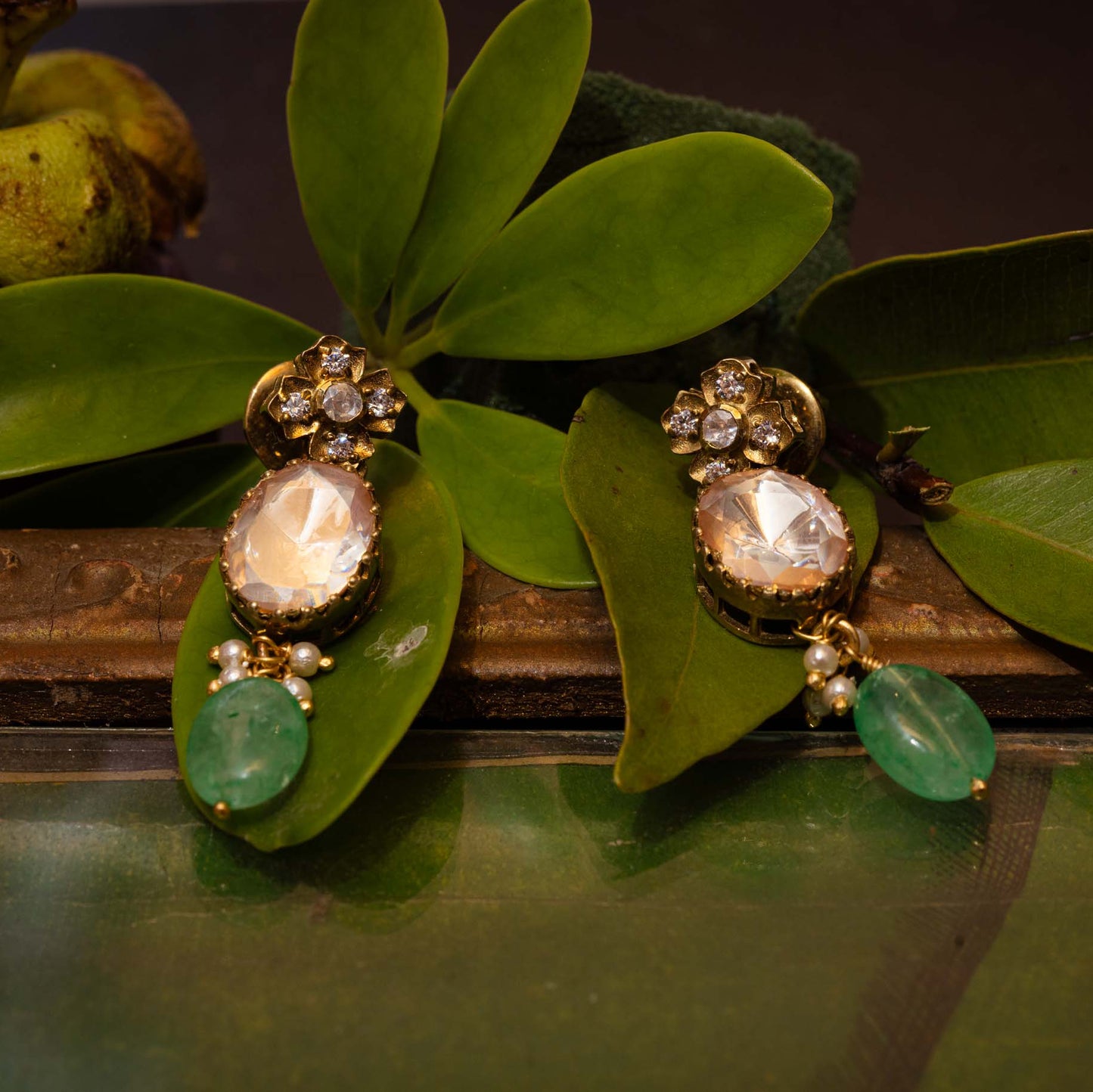 Polki Earrings with Green Drops