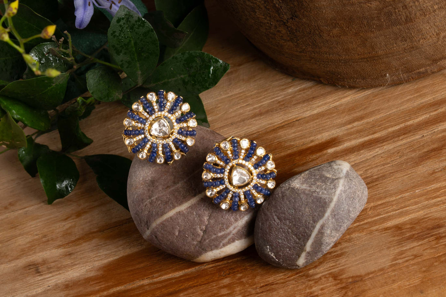 Blue Bead Polki Studs