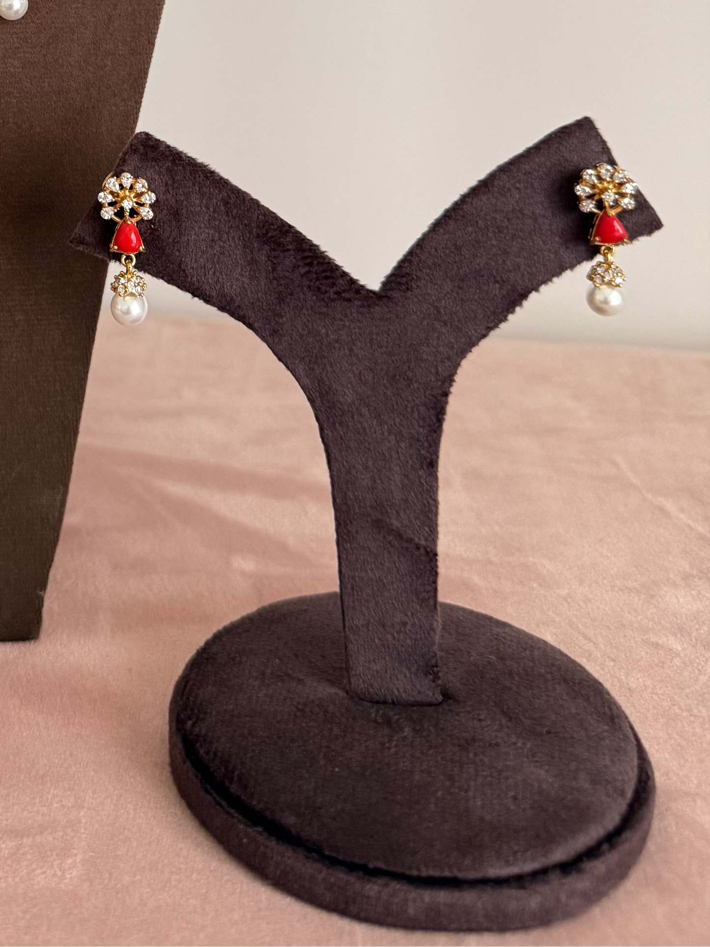 Coral CZ stones With Pearl Hanging