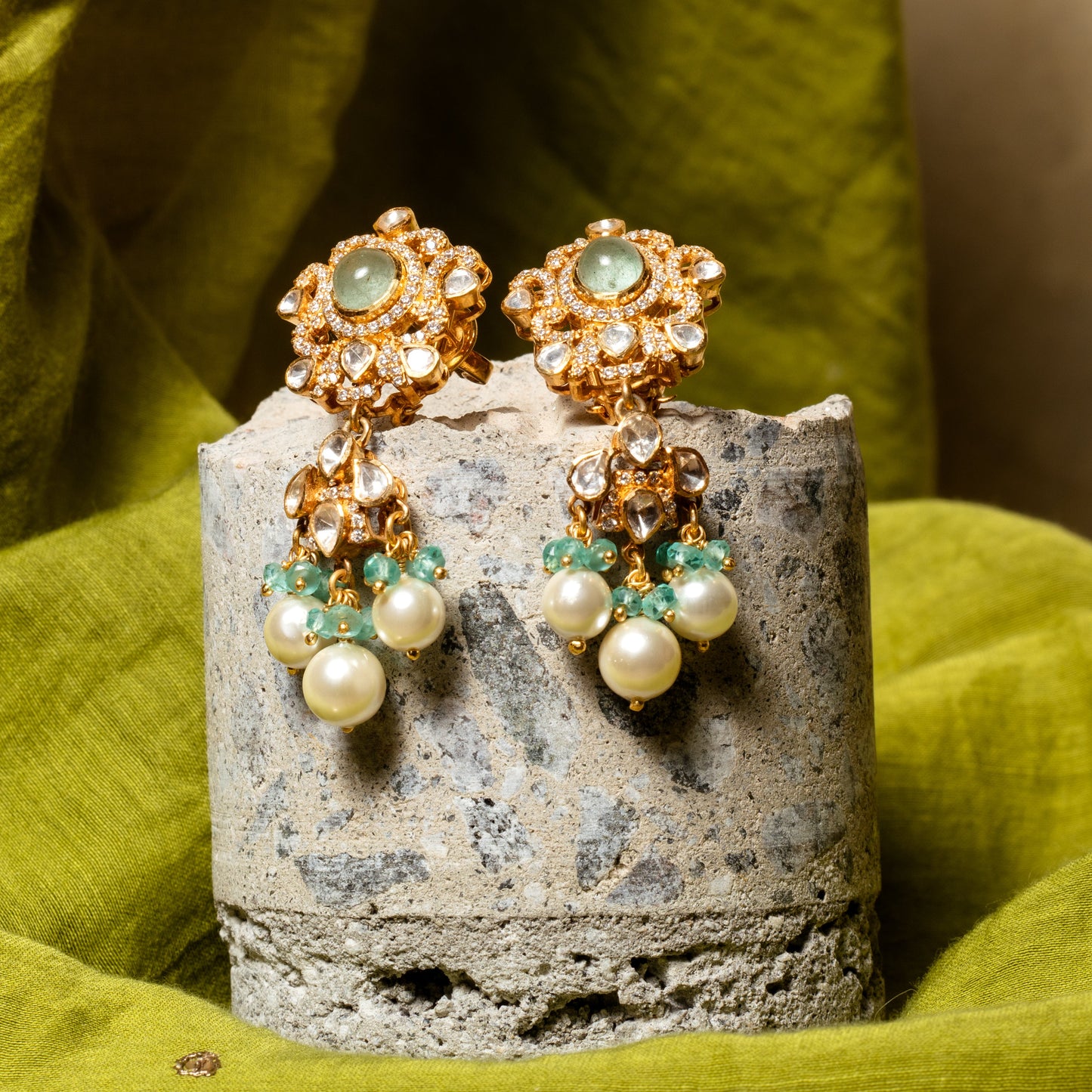 Polki Emerald Beads Necklace Set