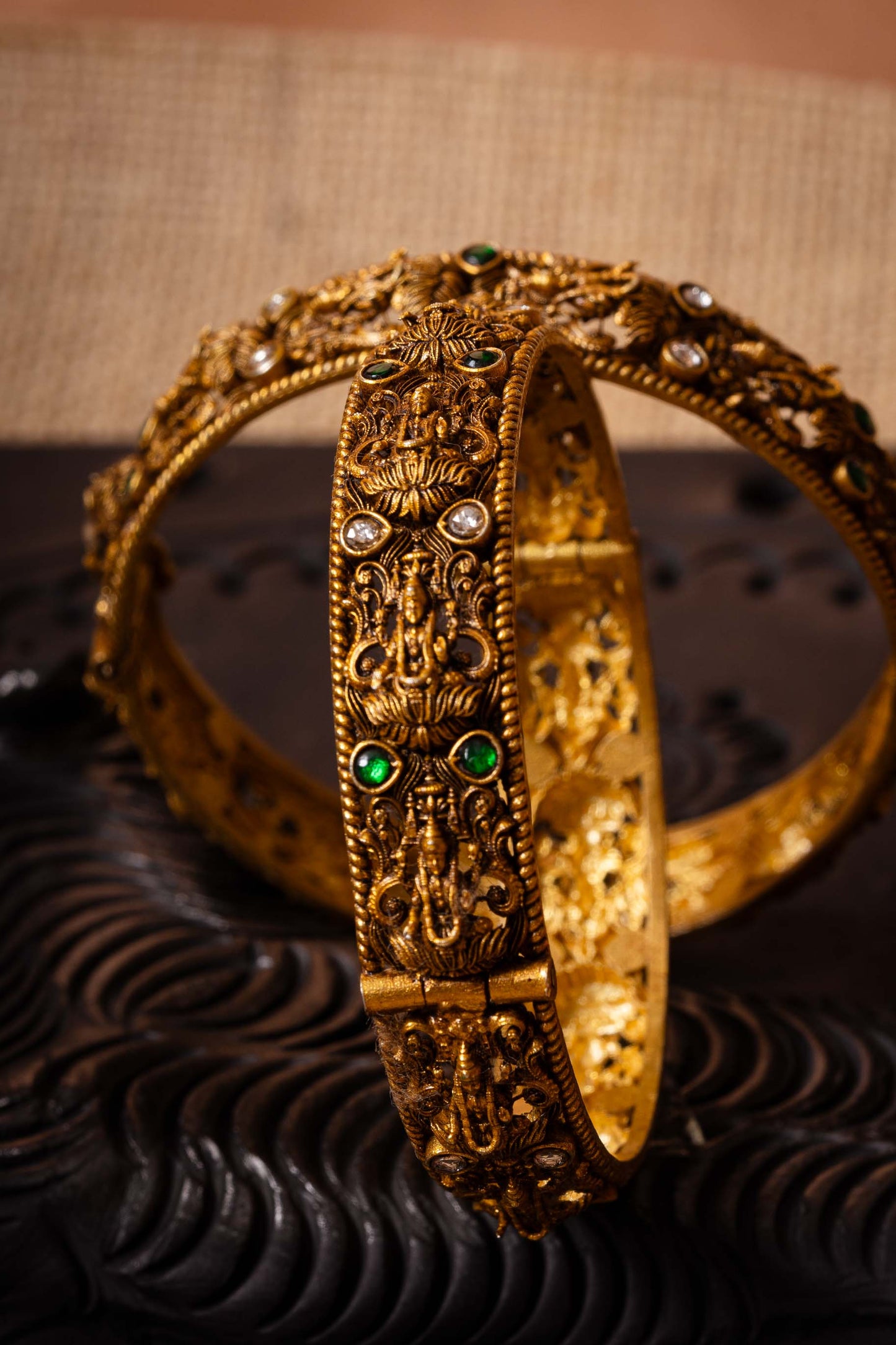 Lakshmi Antique with Green Kundan Bangles