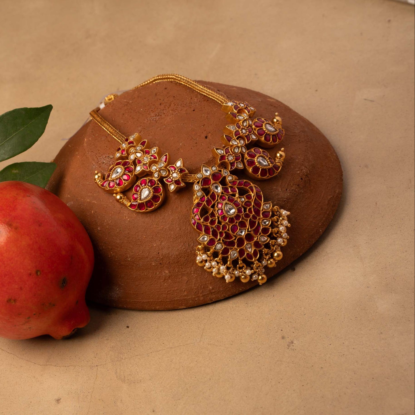Short Red Kundan Necklace with Mango Motifs