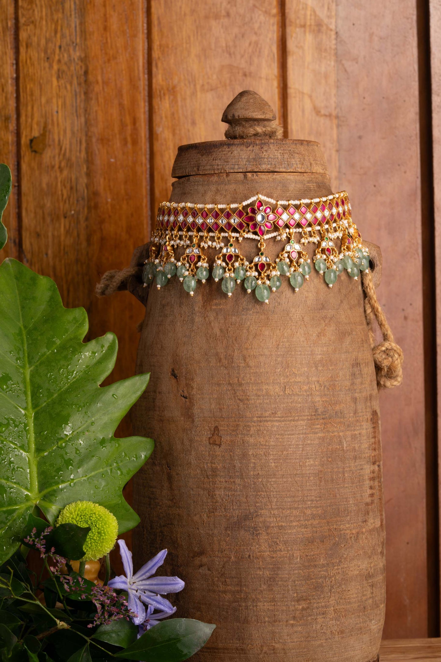 Kundan Chocker with Green Beads Hangings