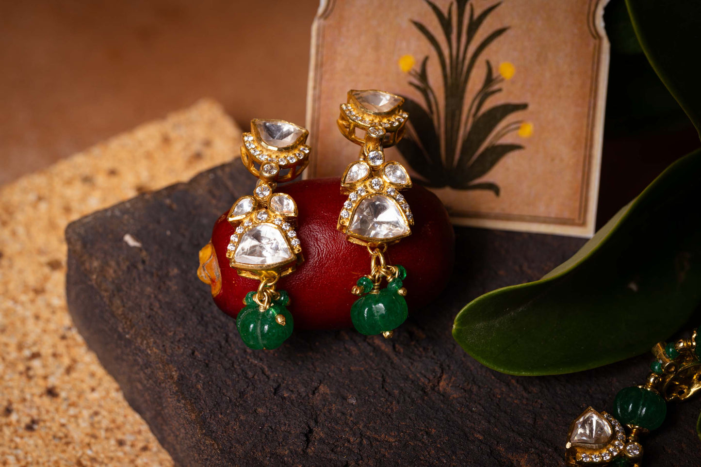Polki Earrings with Green Bead Drops