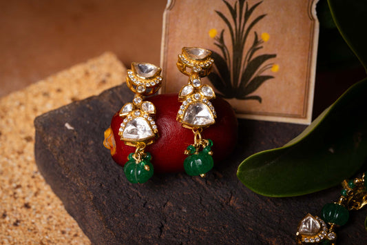 Polki Earrings with Green Bead Drops
