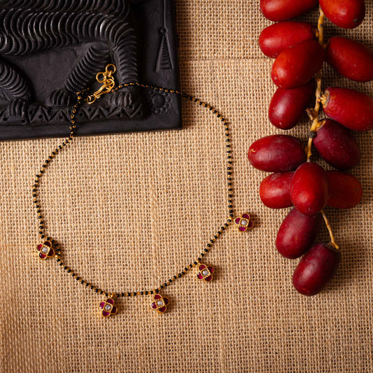 Floral Kundan Black Beads Chain