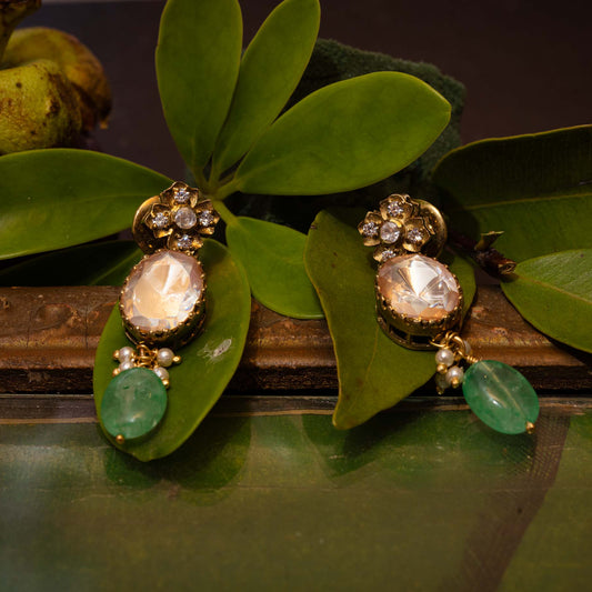 Polki Earrings with Green Drops