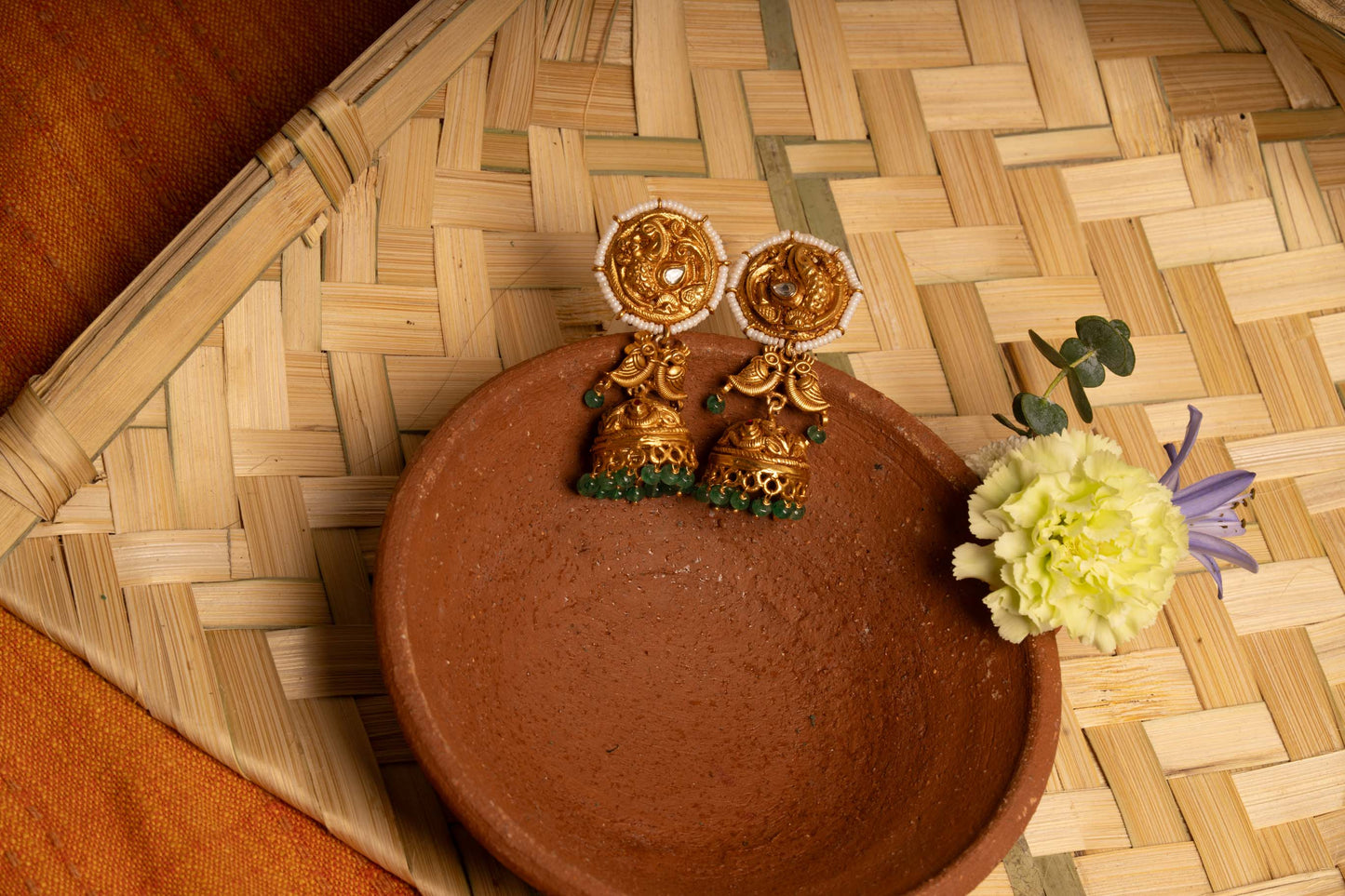 Antique Jhumkis With Green Frops