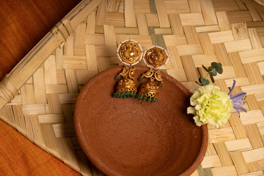 Antique Jhumkis With Green Frops