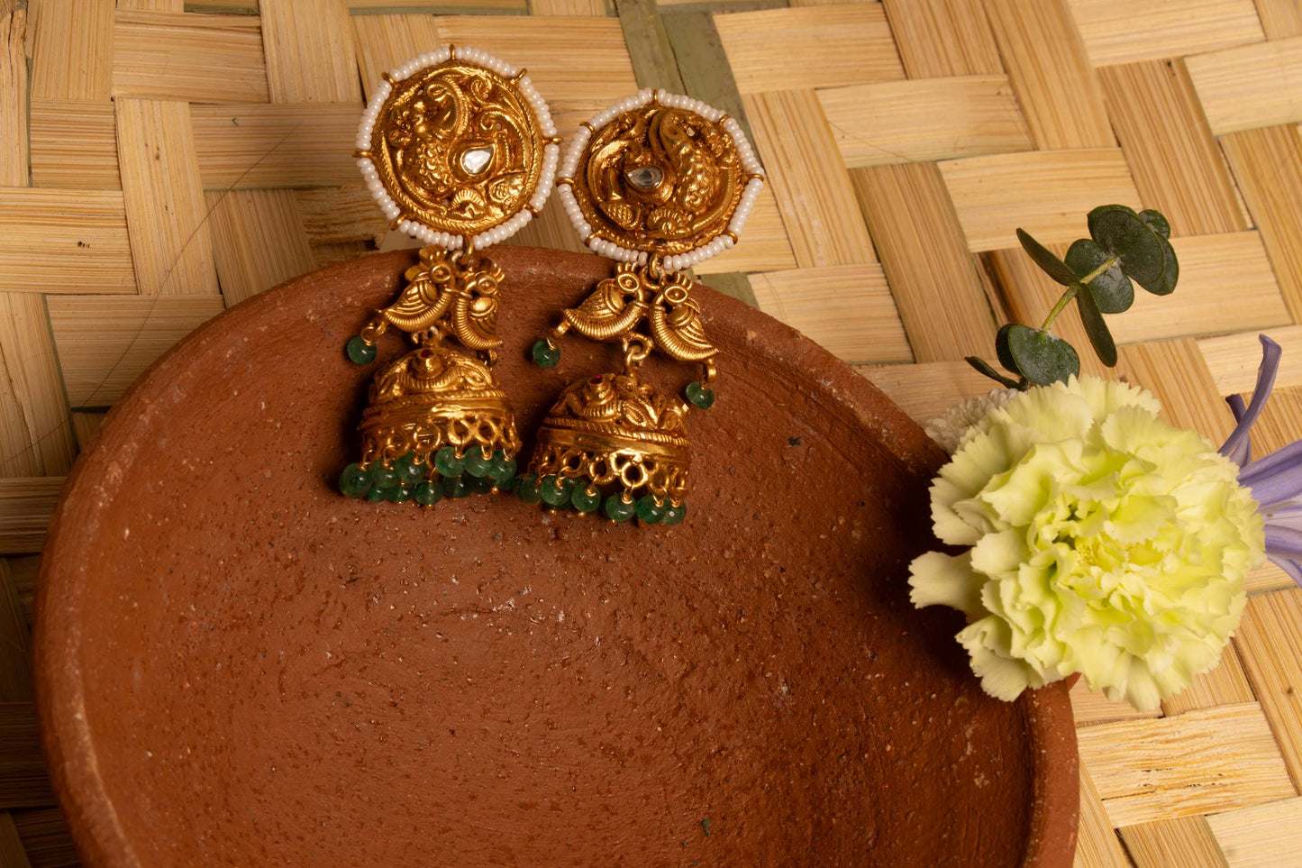 Antique Jhumkis With Green Frops