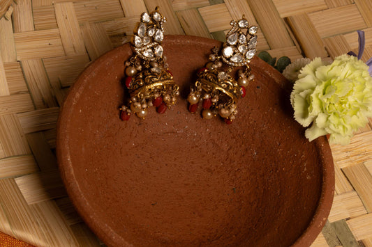 Peacock Coral Moissanite Antique Jhumkas