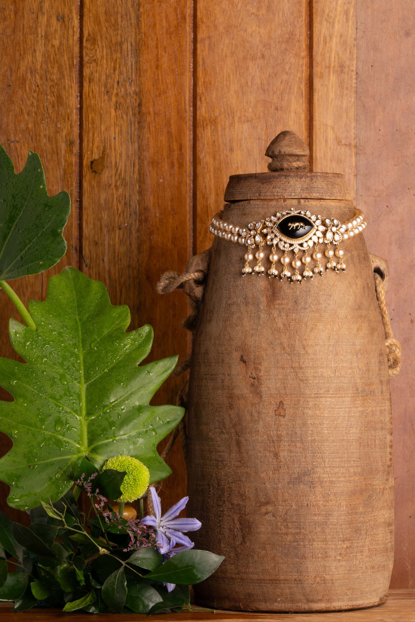 Pearl Kundan Choker with Black Semi-Precious Stone