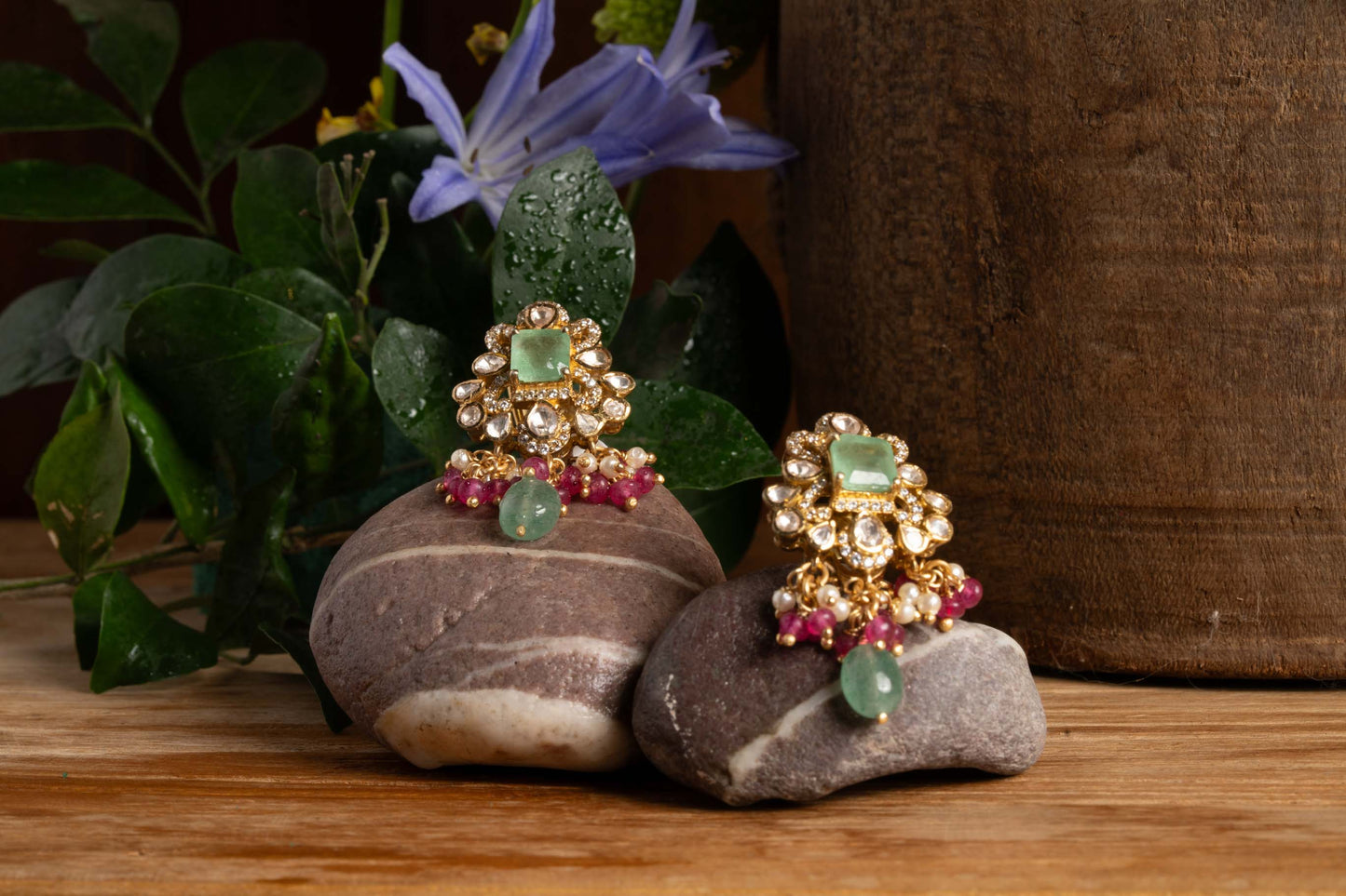 Polki Studs with green Drops