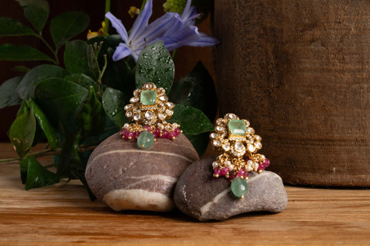 Polki Studs with green Drops