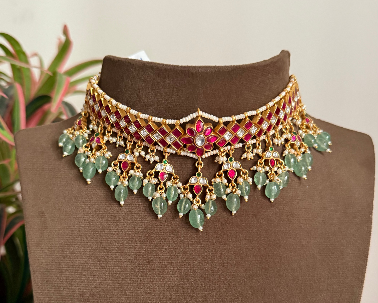 Kundan Chocker with Green Beads Hangings