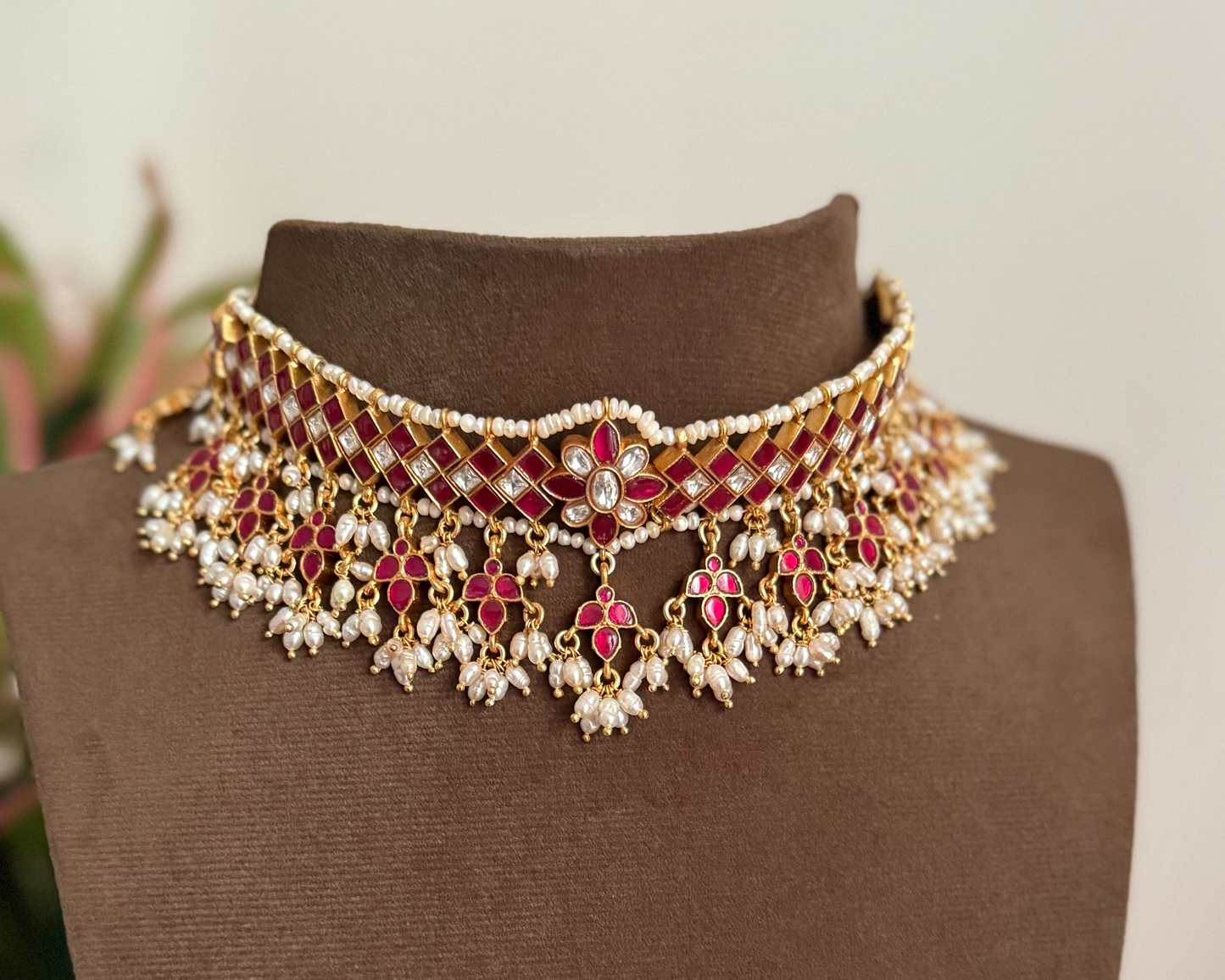 Red Kundan Choker with Pearl Hangings