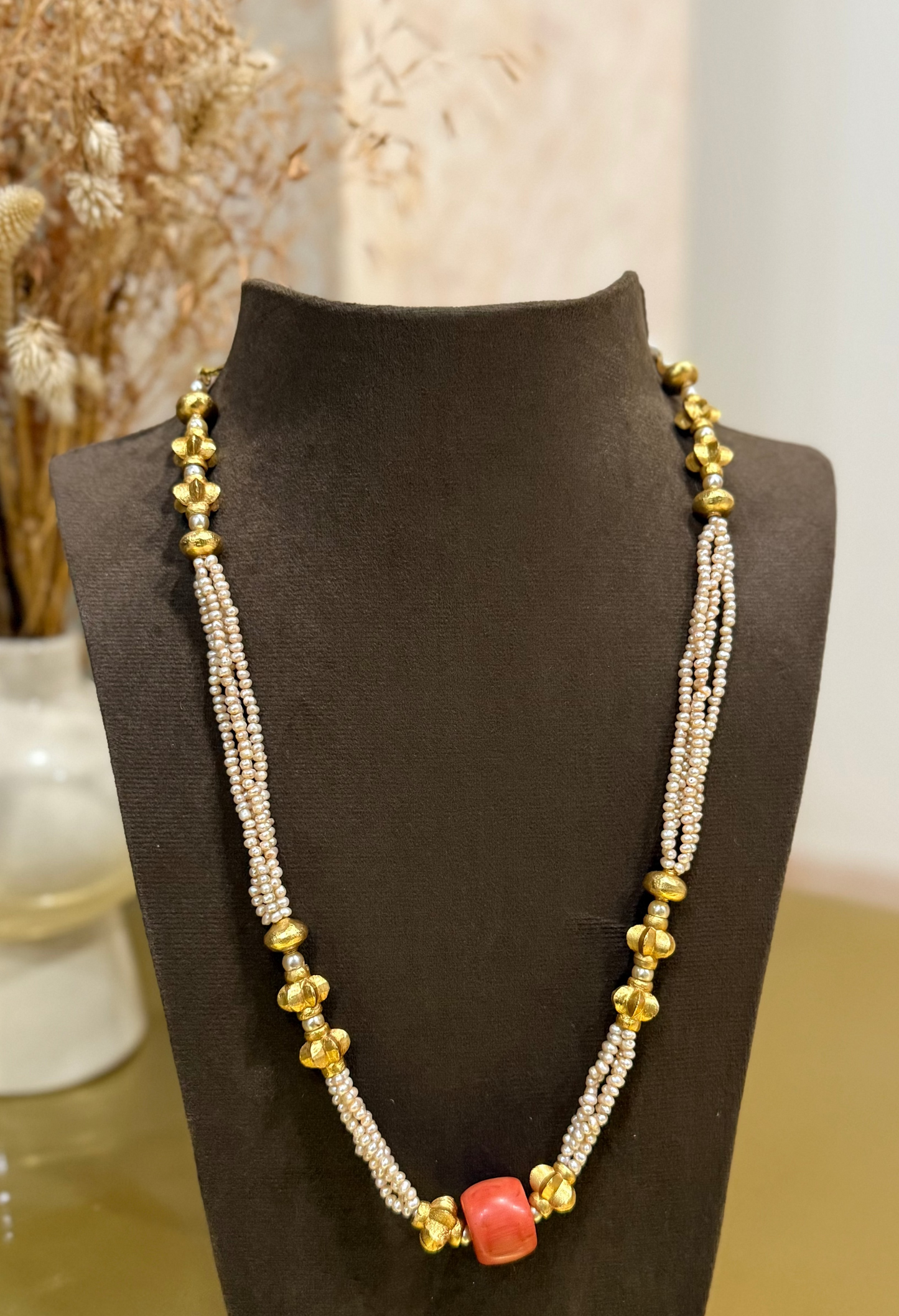 Pearl Bunch Mala with Coral Bead