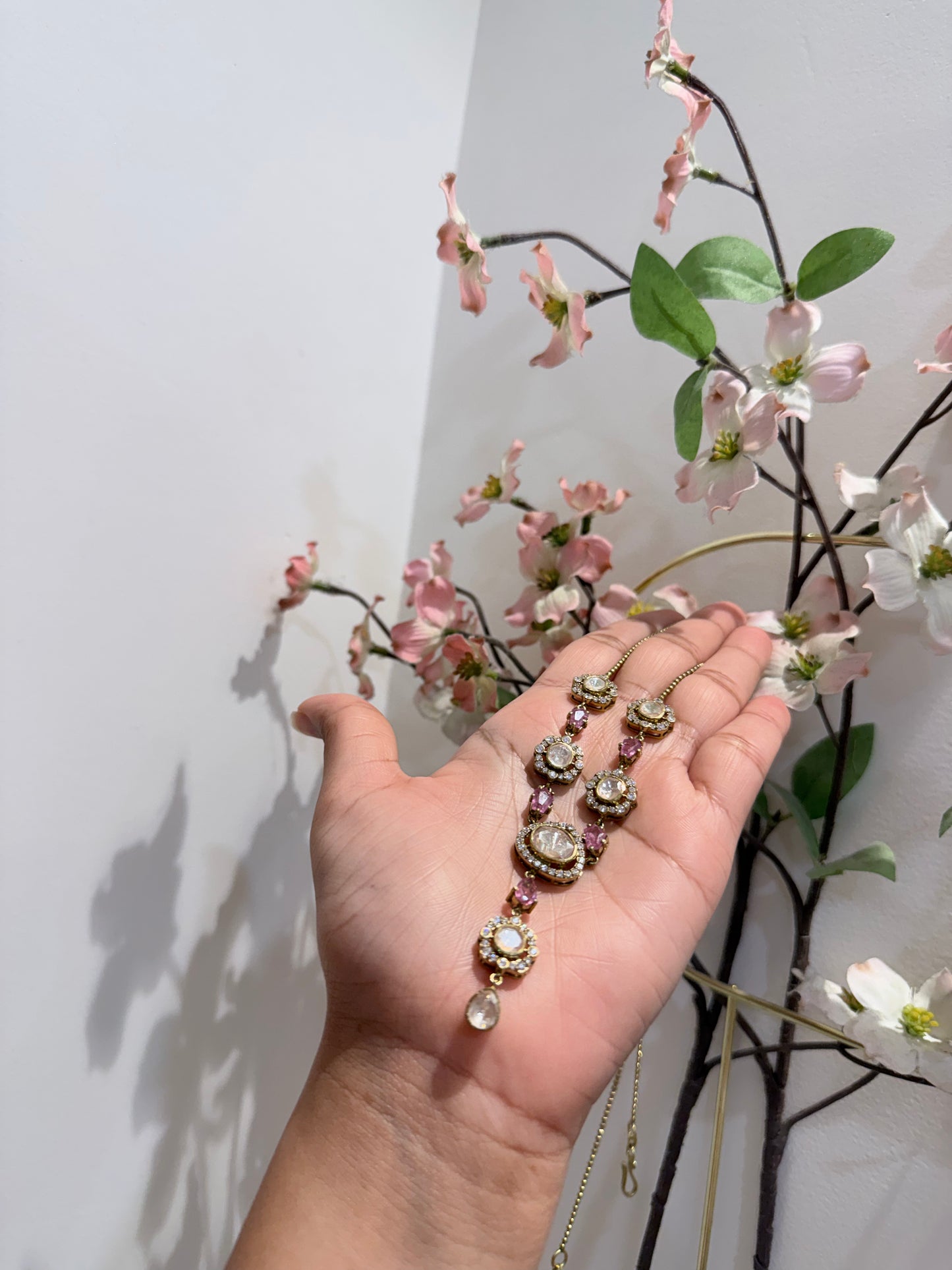 Polki Pink Tourmaline Pendant Chain