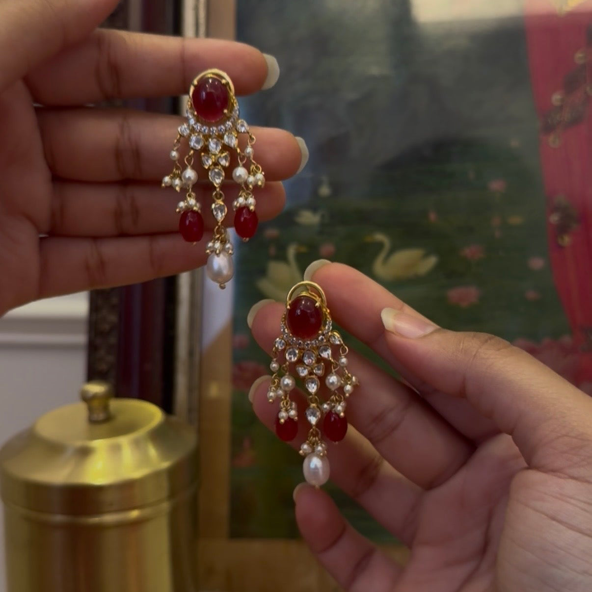 Red Gemstone Polki Earrings