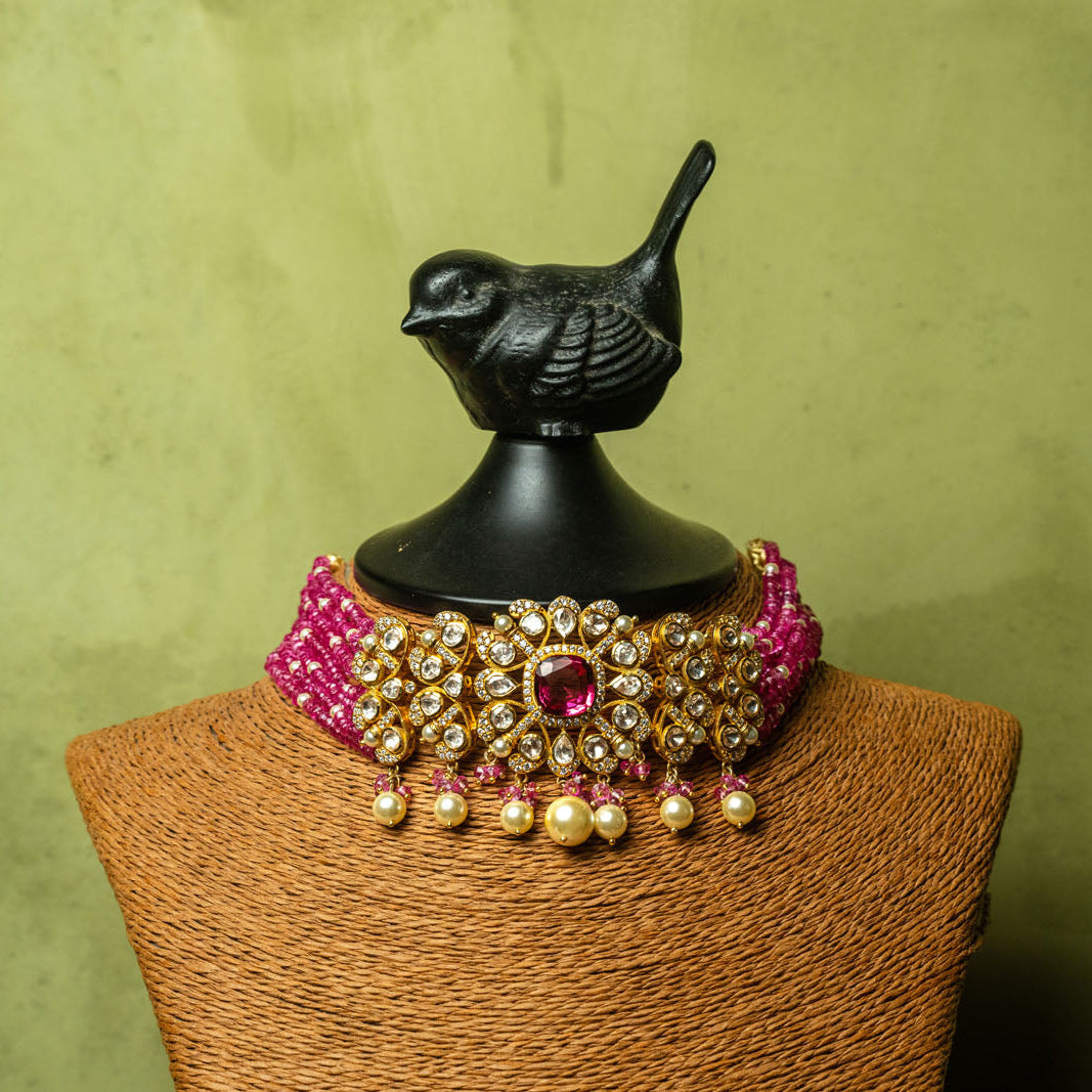 Pink beads Polki chocker