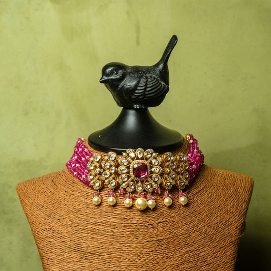 Pink beads Polki chocker
