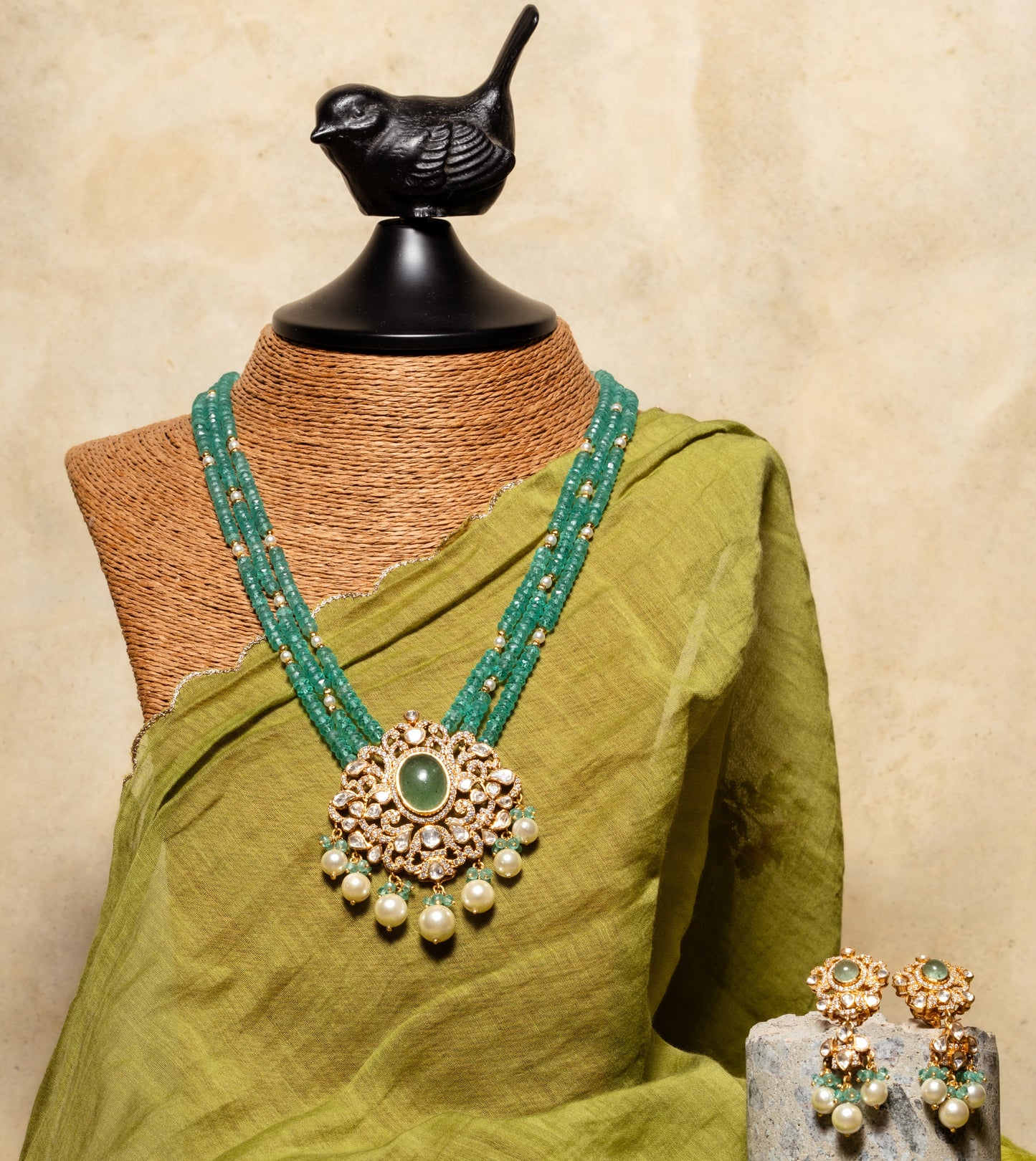 Polki Emerald Beads Necklace Set