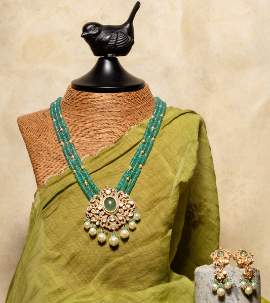 Polki Emerald Beads Necklace Set