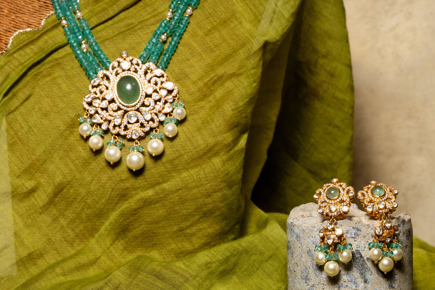Polki Emerald Beads Necklace Set