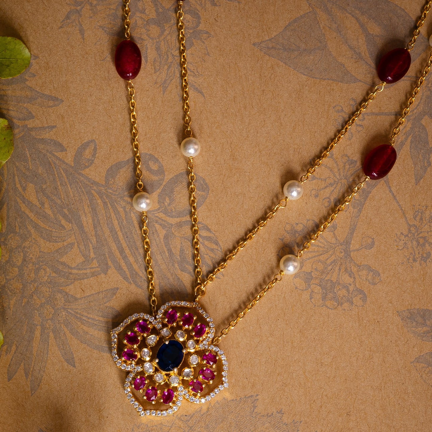 Polki Red & Blue Two Lines Chain