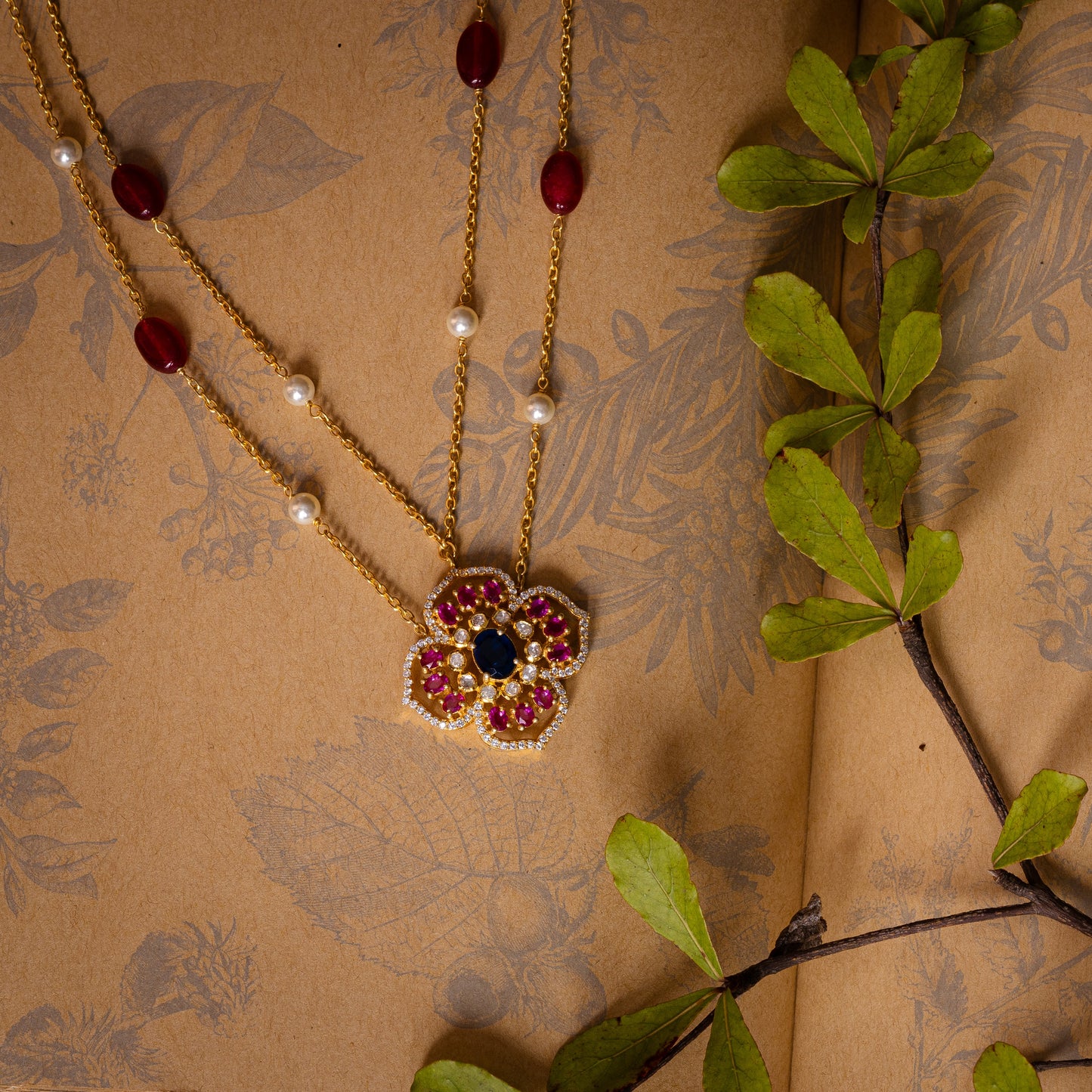 Polki Red & Blue Two Lines Chain